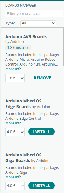 Boards manager Arduino
